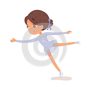 Girl figure skating. Happy kid doing healthy exercise and sport vector illustration. Child athlete in skates on ice in