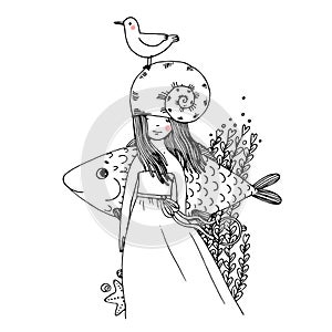 Girl, fish, seagulls, seaweed, starfish, ring.