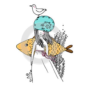 Girl, fish, seagulls, seaweed, starfish and a ring.