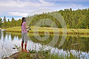 Girl fishing in lake