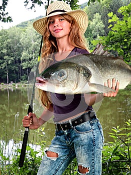 Girl fishing morning with holding lot of big fishes.
