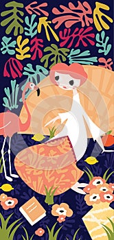 Girl with flamingo and Henri Matisse inspired decoration
