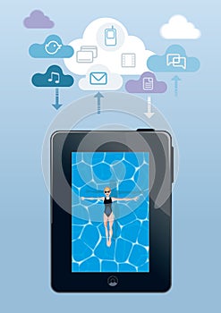 Girl Floating In Digital Tablet Swimming Pool