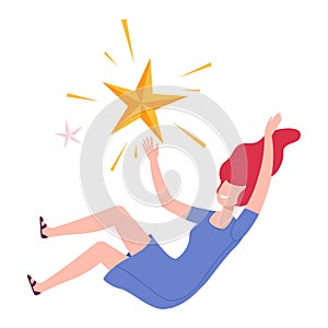 Girl Floating in Imagination Dream, Young Woman Flying in Sky with Star Flat Style Vector Illustration