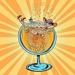 A girl floats in a glass of alcohol. Summer offers for tourists at the resort. Seasonal menu for bars, restaurants and