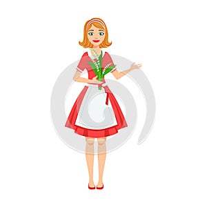 Girl Florist In Apron Working As Flower Shop Attendant Holding Bouquet Of Lily Of The Valley In Hands