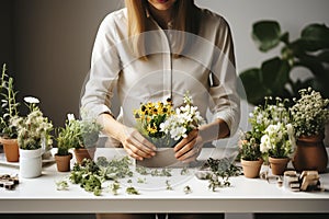 Girl florist collecting a bouquet of flowers