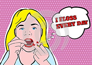 Girl flossing teeth vector illustration