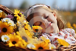 Girl with flower basket in meadow. Restful moment surrounded by blooming flowers. Allergy concept.