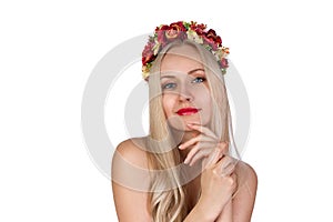 Girl with flower chaplet on her head
