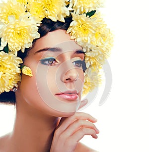 Girl with flower wreath. Caucasian woman with suntanned glowing