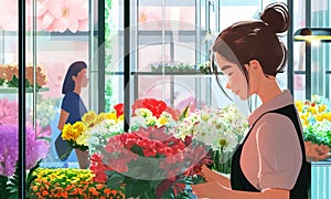 girl with flowers in the garden. woman collects a bouquet in a glassed flower shop photo