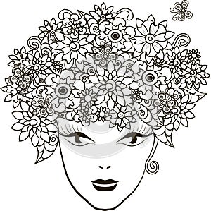 Girl with flowers hair, coloring page anti-stress