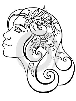 Girl with flowers in her hair. Portrait in profile. A woman in a wreath. Spring. Line drawing. For coloring