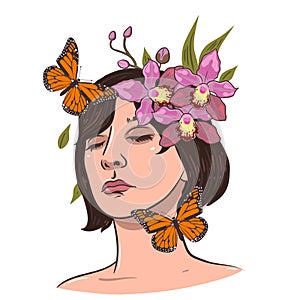 Girl with flowers in her hair. Portrait on a white background. Vector graphic