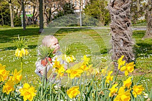 girl among the flowers on a spring day