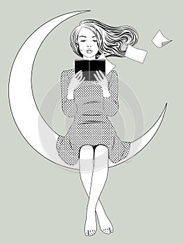 Girl with flowing hair sitting on the moon and reading a book, holding in her hands