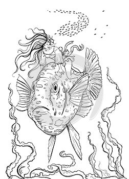 Girl with flowing hair swims sitting on a huge fish and a flock of small fish swims behind her.