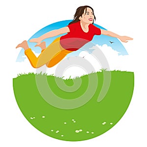 Girl flying above the ground. The Girl Is Flying. Girl soars in the sky. Isolated vector illustration