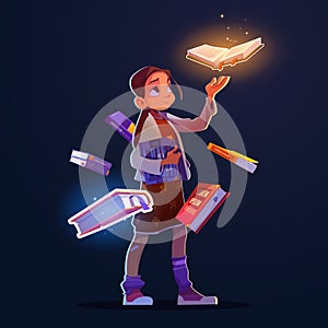 Girl with flying books with magic glow