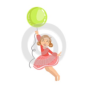 Girl Flying Holding A Big Green Balloon