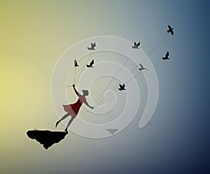 Girl is flying and holding pigeons, fly in the dream, shadows, life on flying rock,