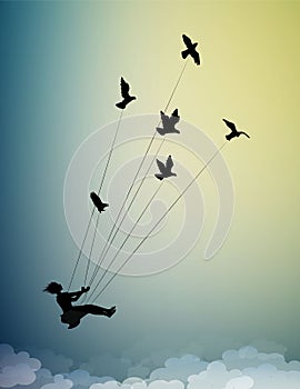 Girl is flying and holding pigeons, fly in the dream up to the sky, childhood memories, silhouette shadows