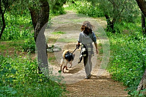 Girl in the forest walks with her beloved dog