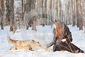 Girl with fox in winter forest