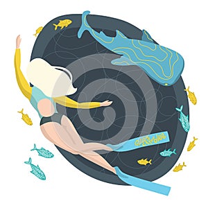 Girl free diver underwater with whale shark and fish.