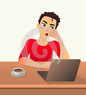 Girl freelancer bored. Young woman works at home sitting in front of a laptop. Cartoon flat girl working online or