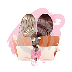 Girl friend braid stylish hairstyle decorated with ribbon. Friendship concept clip art.