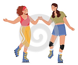 Girl Friend Characters Roller Skating, Laugh And Share Moments, Glide Smoothly On Wheels, Enjoying The Freedom