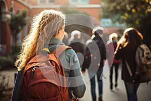 Girl with friends backpack going class. Generate Ai