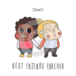 Girl friendship illustration (greeting card) with two girls and infinity symbol. Best friends forever.