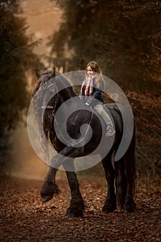 Girl with friesian horse autumn forest photo