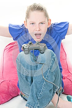 Girl frustated with video game