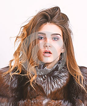 Girl fur coat posing with hairstyle on white background close up. Prevent winter hair damage. Woman makeup calm face