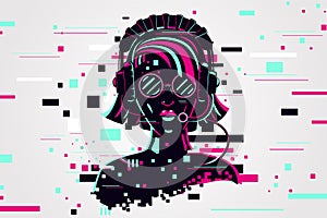 Girl gamer portrait. Video games background, glitch style. Female online user. Vector illustration.