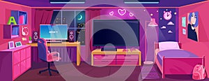 Girl gamer room interior design in pink. Console with a big screen and furniture