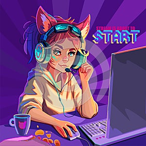 Girl gamer or streamer with cat ears headset sits at a computer.