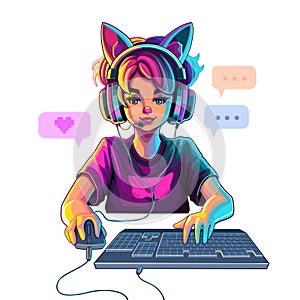 Girl gamer or streamer with cat ears headset sits in front of a computer