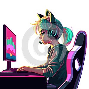 Girl gamer or streamer with a headset sits in front of a computer