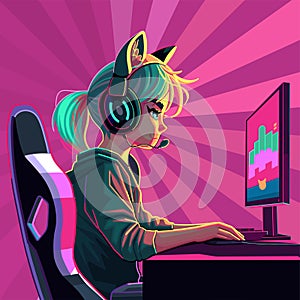 Girl gamer or streamer with a headset sits in front of a computer