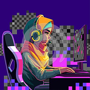 Girl gamer or streamer with a headset sits in front of a computer