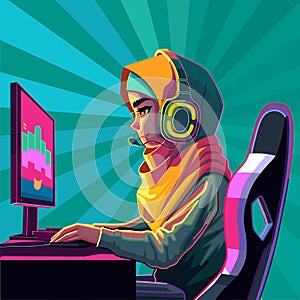 Girl gamer or streamer with a headset sits in front of a computer