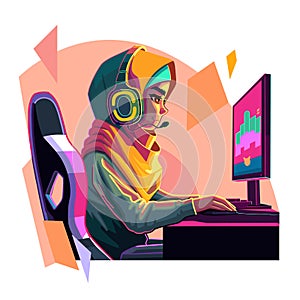 Girl gamer or streamer with a headset sits in front of a computer