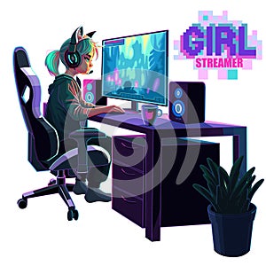 Girl gamer or streamer with a headset sits in front of a computer