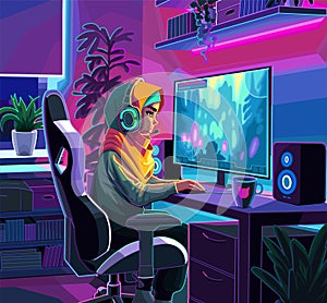 Girl gamer or streamer with a headset sits in front of a computer in a cozy room