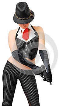 girl in the gangster's suit with a gun